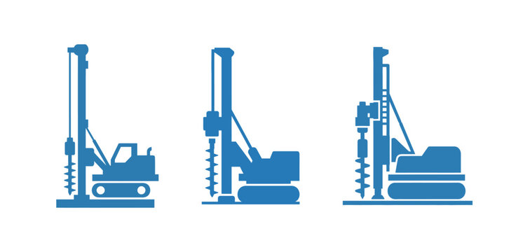 Three blue icons of drilling rigs, each with a different base and configuration, illustrating various construction and industrial drilling equipment.
