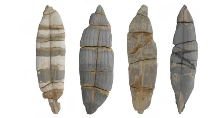 Four ancient stone tools with layered patterns isolated on a transparent background