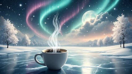 winter Steaming hot coffee cup on icy ground under vibrant aurora borealis and full moon in snowy landscape with frosted trees with ice and night