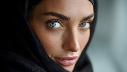 Close-up portrait of a woman with striking blue eyes. She is wearing a black headscarf. The image highlights her natural skin texture and captivating gaze. 