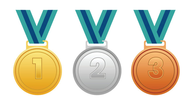 gold silver and bronze medals on ribbons for 1st 2nd and 3rd place winners competition