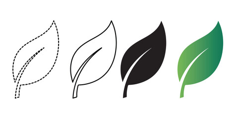 A collection of leaf icons in different styles including outline, solid, and gradient representations