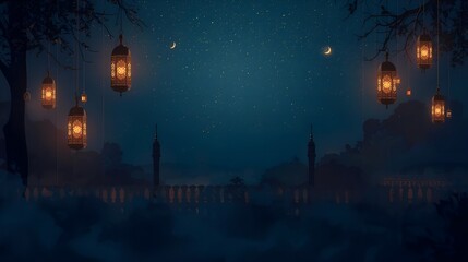 Vector illustration of a dark winter night in an old city featuring a cathedral dome and castle tower under a moonlit starry sky with historic architecture