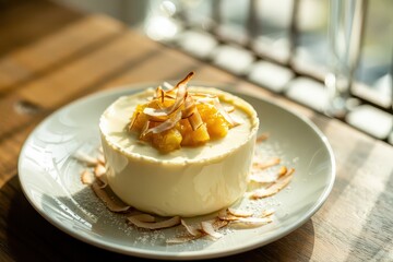 Tropical fruit cheesecake with coconut topping.