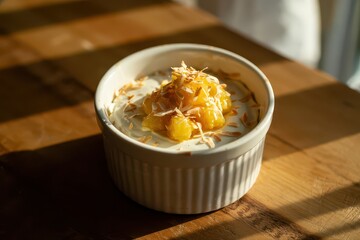 Creamy dessert with tropical fruit topping