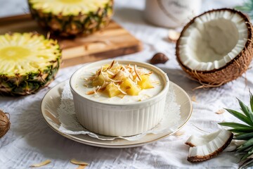 Tropical dessert with pineapple and coconut garnish