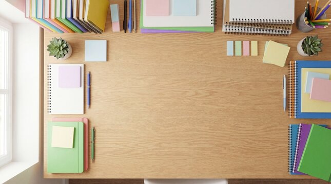An orderly wooden desk with colorful stationery, notebooks, and study essentials - Powered by Adobe