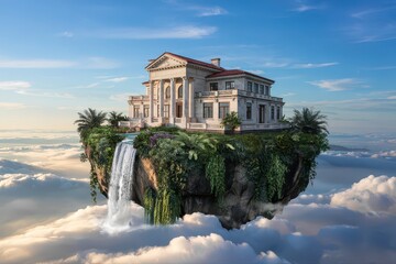 Luxurious mansion on a floating island in the sky.