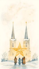 Celebratory Church Bells Winter Scene with People and Star Symbol Near Church Towers Epiphany Day Concept