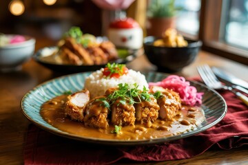 Delicious Japanese curry with fried chicken.