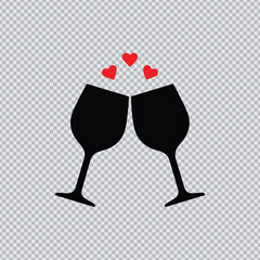 Fototapeta premium Romantic Toasting Wine Glasses Black Silhouette Icon with Floating Red Hearts for Valentine's Day Dinner and Anniversary Celebration Vector.