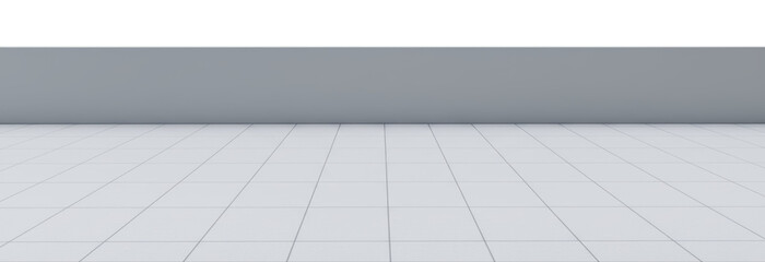 White Square Tile Floor With Grey Curb Border. Minimalist architectural scene features light grid surface and smooth solid grey stone edge.