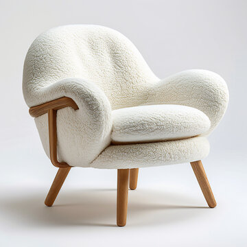 White boucl&eacute; armchair with wooden legs in minimalist Scandinavian style on white background