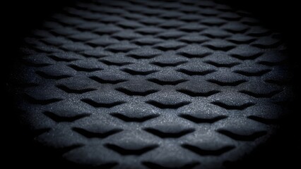 Black textured diamond grid surface with deep embossed geometric pattern on matte industrial material in dramatic shadow closeup view.