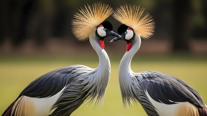 Fototapeta premium Two crowned cranes standing face to face in a grassy field