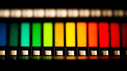 Vibrant multicolored keyboard keys emit glowing spectrum of light showcasing modern digital technology equipment design.