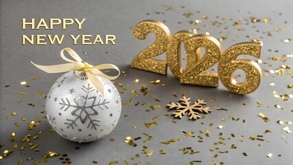 Happy new year 2026 celebration with festive ornament and sparkling confetti