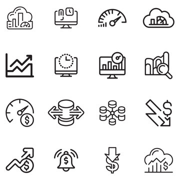 Outline icons for data analytics, cloud computing, financial trends, and performance monitoring
