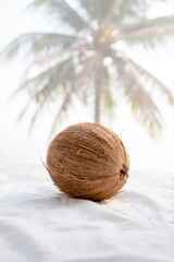 Coconut on a beach with palm tree backdrop