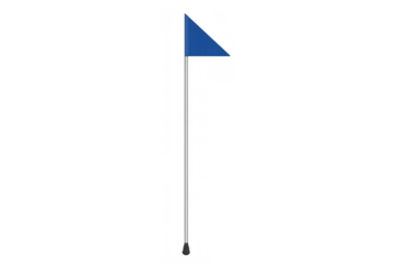 Blue golf flagstick marking hole on course with pennant, sport equipment ready for game, transparent background