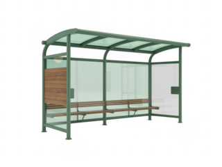 Green metal and wood bus shelter with glass panels isolated on a transparent background