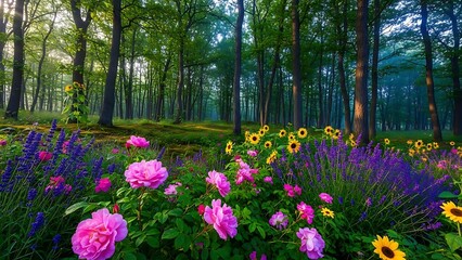 vibrant wildflowers and trees in a forest clearing  serene natural scenery