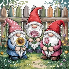 Whimsical garden gnomes holding colorful flowers.