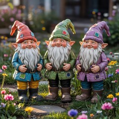Colorful garden gnomes among vibrant flowers