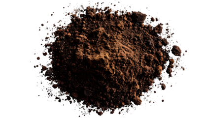 A pile of dark, fine powder with a rough texture, isolated on a black background