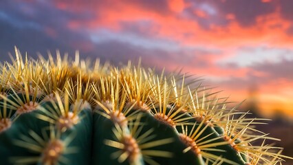 A striking close-up of sharp golden spines on a vibrant green cactus against a dramatic desert
