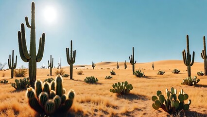 Expansive desert landscape with towering saguaro cacti under a brilliant blue sky and golden sand