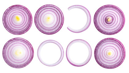 Eight slices of a red onion, top-down view, arranged on a black background, showcasing rings