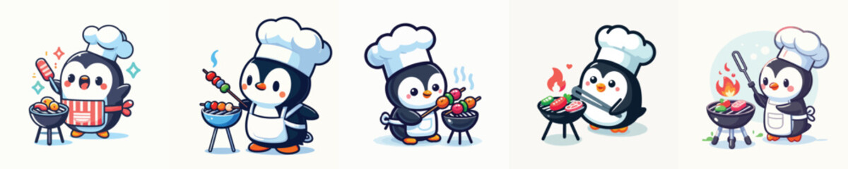 cute penguin vector grilling meat