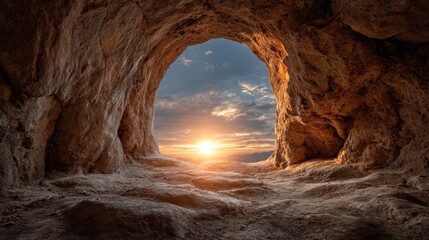 cave where Jesus, son of God, resurrected at a beautiful sunset