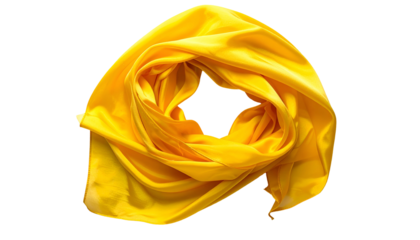 A vibrant yellow scarf, draped and swirled, isolated on a stark black background