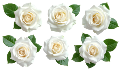 Six pristine white roses with green leaves on black background