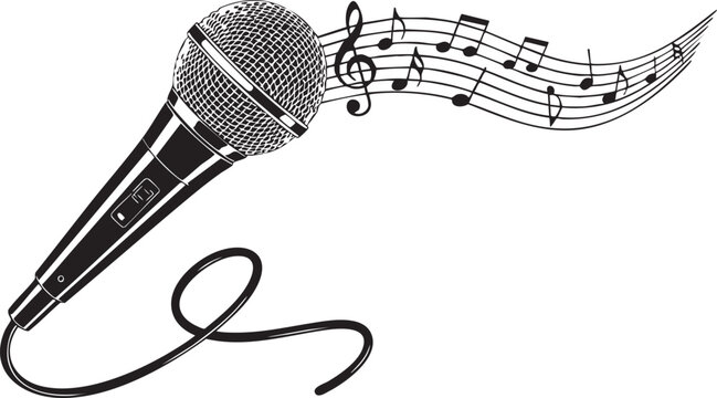 Black microphone with musical notes on white background black and white singing