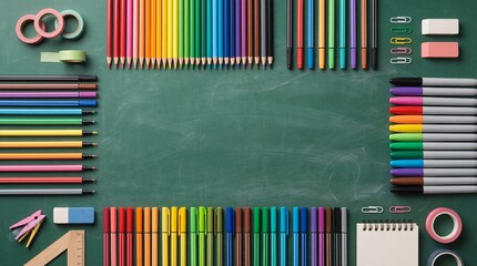 Vibrant school and art supplies framing a green chalkboard, ready for creativity