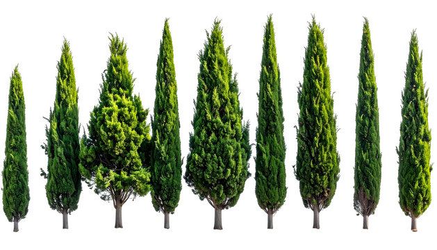 Array of tall, slender evergreen trees in various sizes against a transparent backdrop - Powered by Adobe