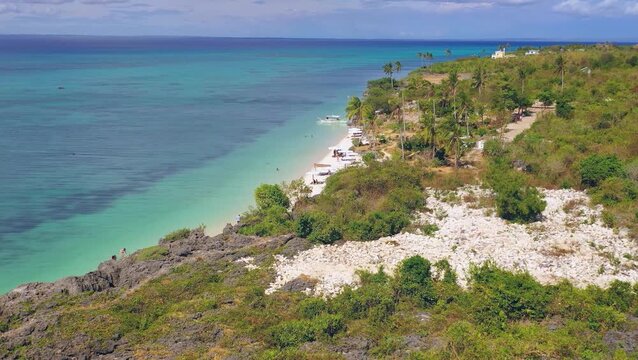 Aerial view of tropical coastline with palm trees and reef