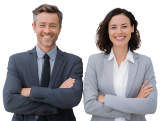 business people, a man and a woman, smiling with crossed arms on an isolated transparent background