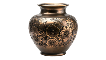 Bronze-toned vase, detailed floral relief around its curved body, isolated on black
