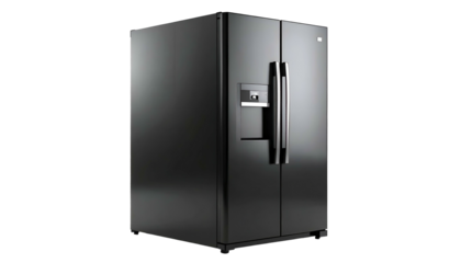 A large, black side-by-side refrigerator, slightly angled, with water dispenser