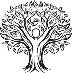 Abstract tribal tiger head tattoo logo design featuring a black vector tree silhouette with roots and wild animal facial features to symbolize nature and power