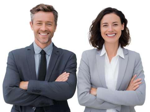  business people, a man and a woman, smiling with crossed arms on an isolated transparent background   - Powered by Adobe