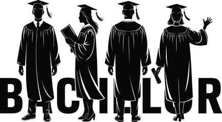 Bachelor graduation silhouette illustration with diverse poses and academic caps for degree celebration and educational achievement themes.