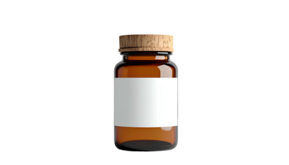 A close-up studio shot of a small brown glass vial with a cork stopper and a blank label