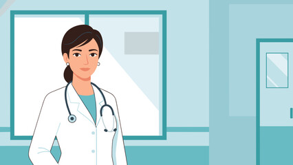Female Doctor by Hospital Window &mdash; Flat Vector Illustration with Light Blue and Teal Professional Palette, Copy Space