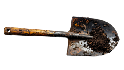 A close-up of a well-used, dirt-covered shovel against a stark black background
