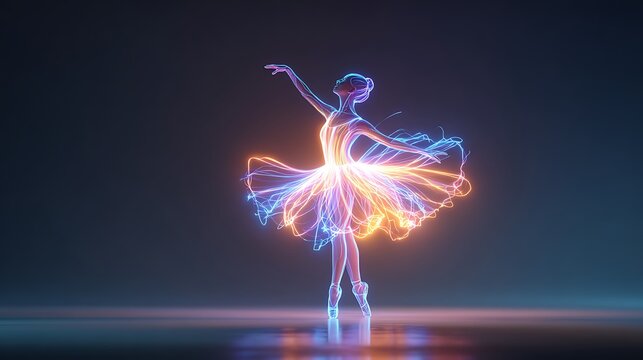 Glowing ballerina performing ballet dance made of neon light in a dark studio high resolution image